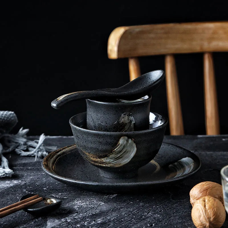 Axya Ceramic Sushi Plate and Rice Bowl Set, Black Matte Design