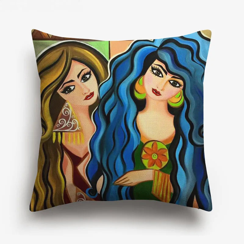 Axyaa Watercolor Turkish Evil Eye Cushion Cover Arabian Girl Portrait Pillow Case