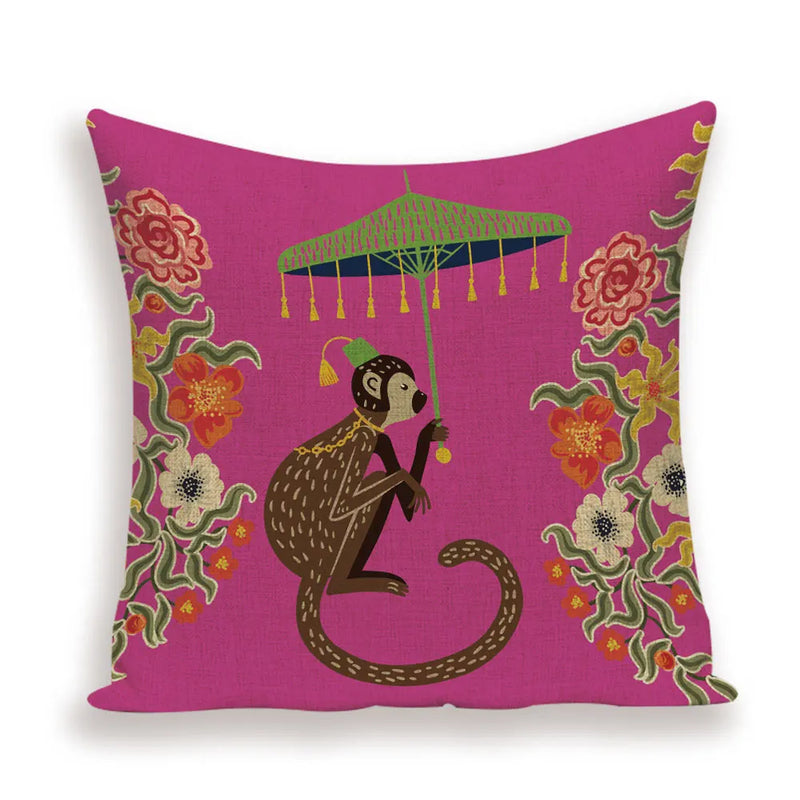 Axyaa Monkey Floral Pillow Cover - Vibrant Flower Vase Home Decor