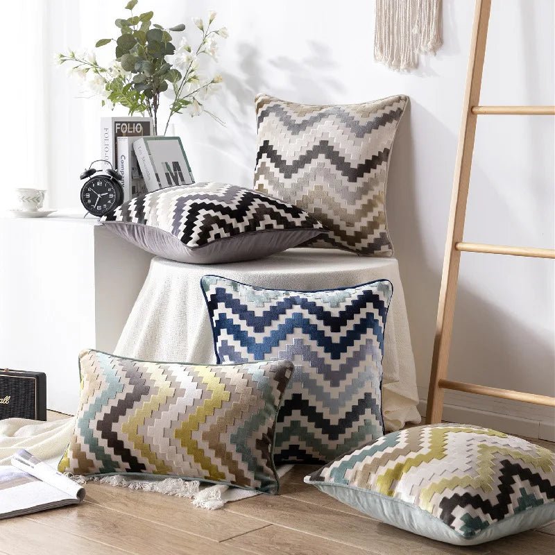 Axyaa Velvet Cushion Cover Zigzag Pattern Soft Pillow Cover in Grey Coffee Blue - 45x45cm/30x50cm/50x50cm