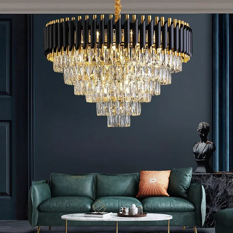 Axyaa Black Gold Metal LED Chandelier - Modern Luxury Crystal Hanging Lamp