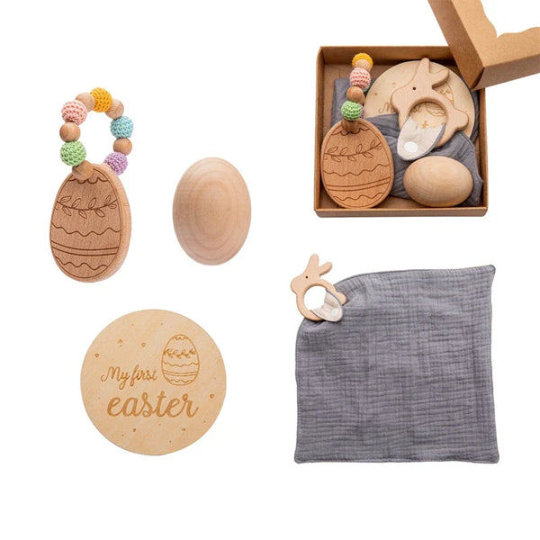 Axya Montessori Wooden Rattle & Bibs Set: Easter DIY Baby Toy & Milestone Education Gift