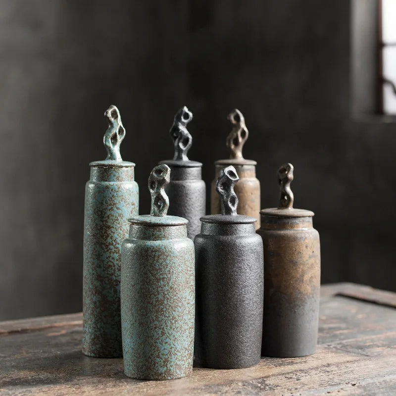 Axya Stoneware Tea Caddy Set with Coral Cover, Cylindrical Canisters