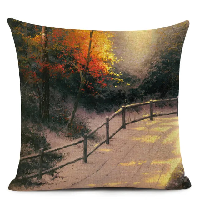 Axyaa City Landscape Oil Painting Cushion Cover | Autumn Winter Art Decor Pillow Case
