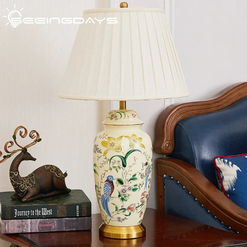 Axyaa Country Flower Bird Ceramic Table Lamp Retro Modern Bedroom Living Room