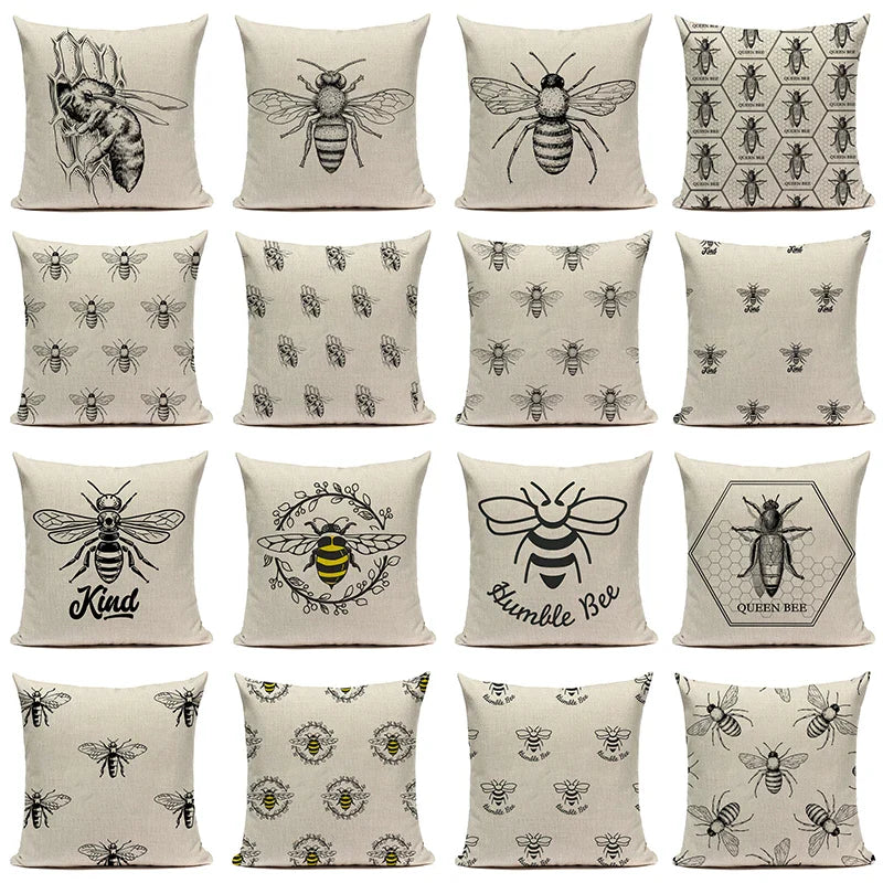 Axyaa Bee Pattern Linen Cushion Cover - Nordic Decorative Throw Pillow Case
