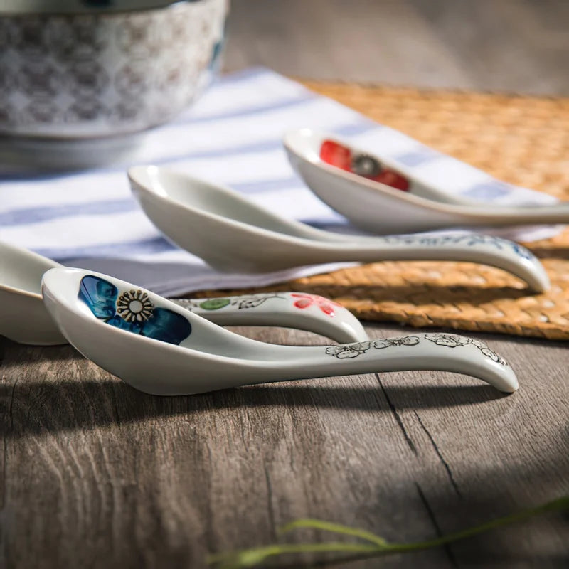 Axya Japanese-style Ceramic Spoon Set Blue Red Flower Soup Scoop Tableware