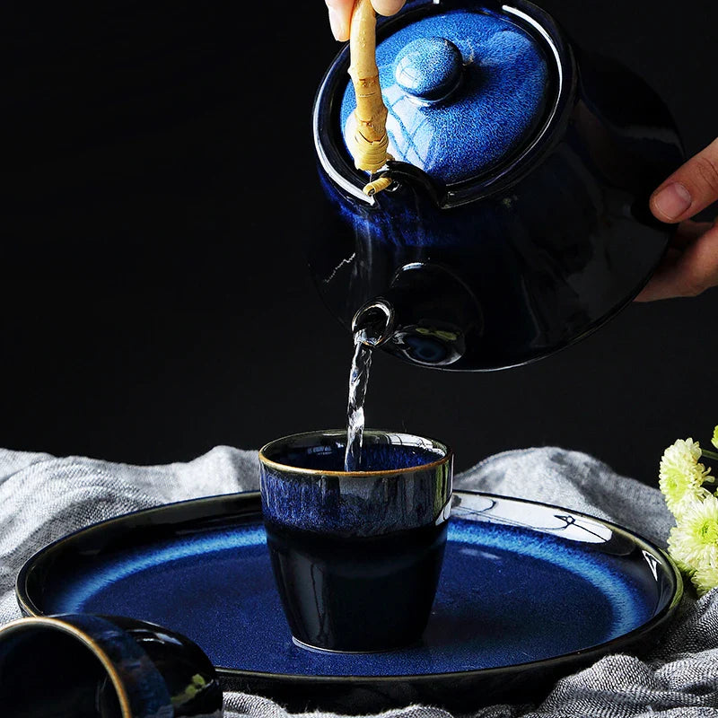 Axya Blue Ceramic Tea Kettle Set - Japanese Kiln Glaze Teaware Set