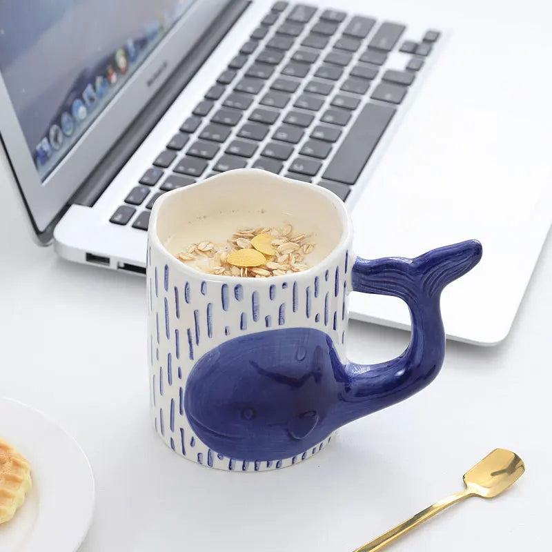 Axya Dolphin Hand-Painted Ceramic Coffee Mug with Whale Handle