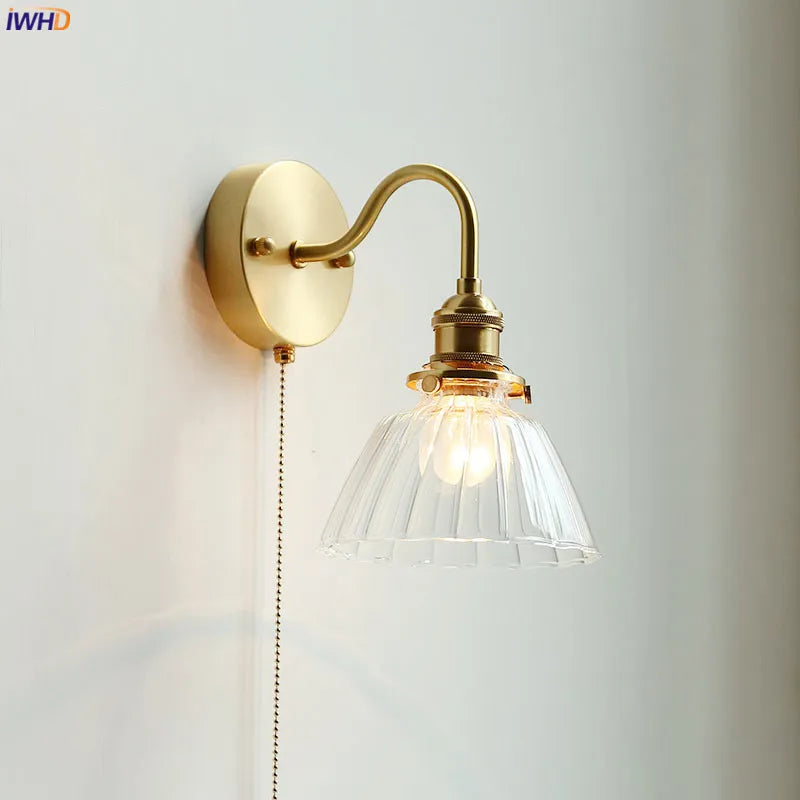 Axyaa Nordic LED Wall Lamp with Pull Chain Switch and Glass Copper Sconce