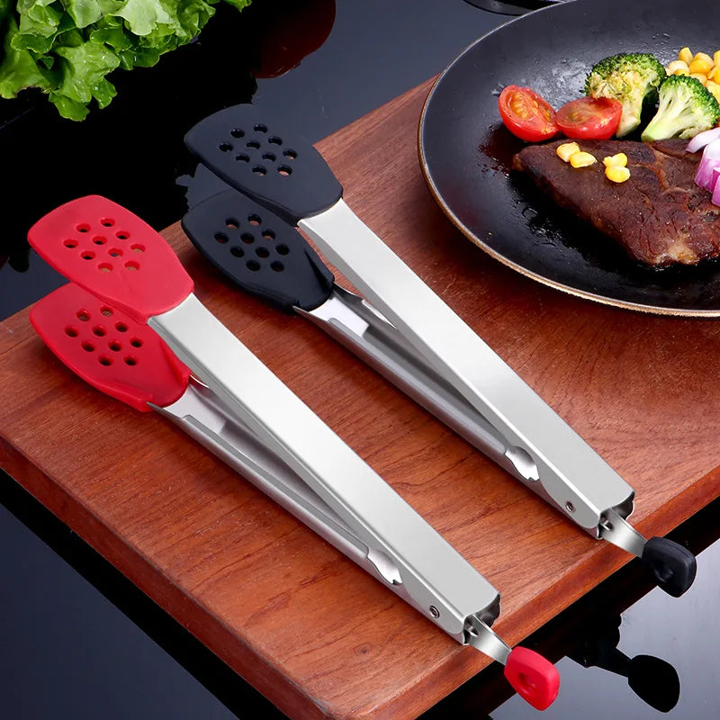 Axyaa Silicone Head Stainless Steel BBQ Grilling Tongs, Non-Stick Food Clamp