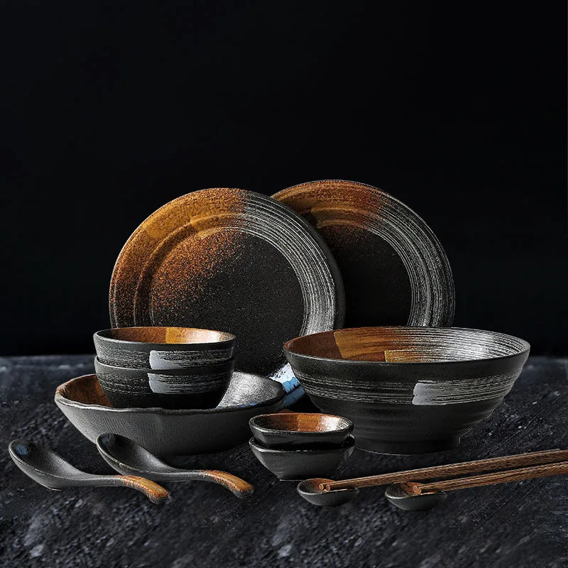 Axya™ Ceramic Retro Japanese Dinner Set | Frosted Texture Tableware for Home & Restaurant