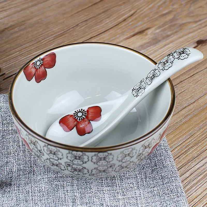 Axya Japanese-style Ceramic Spoon Set Blue Red Flower Soup Scoop Tableware