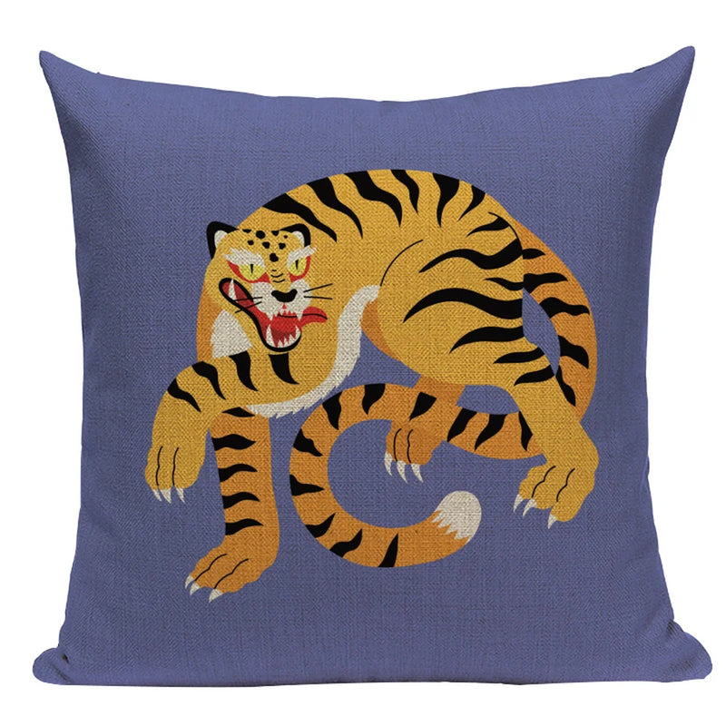 Axyaa Cartoon Tiger Lion Dance Pillow Case Cover for Bed Sofa Decoration