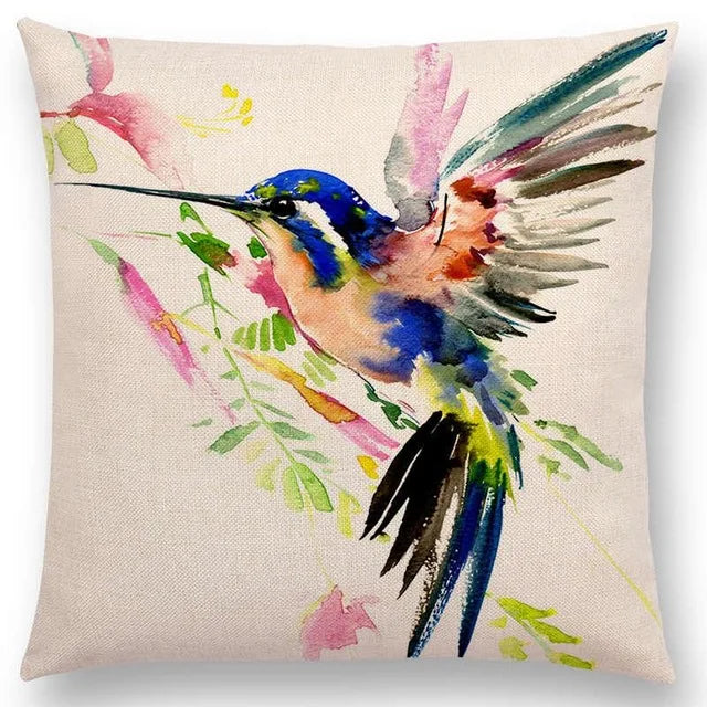 Axyaa Bird Watercolor Cotton Linen Cushion Cover- Hummingbird Goldfinch Chickadee Cardinal Kingfisher