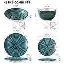 Axya Stoneware Dinner Set: Handpainted Green Spiral Design, 48 Pieces