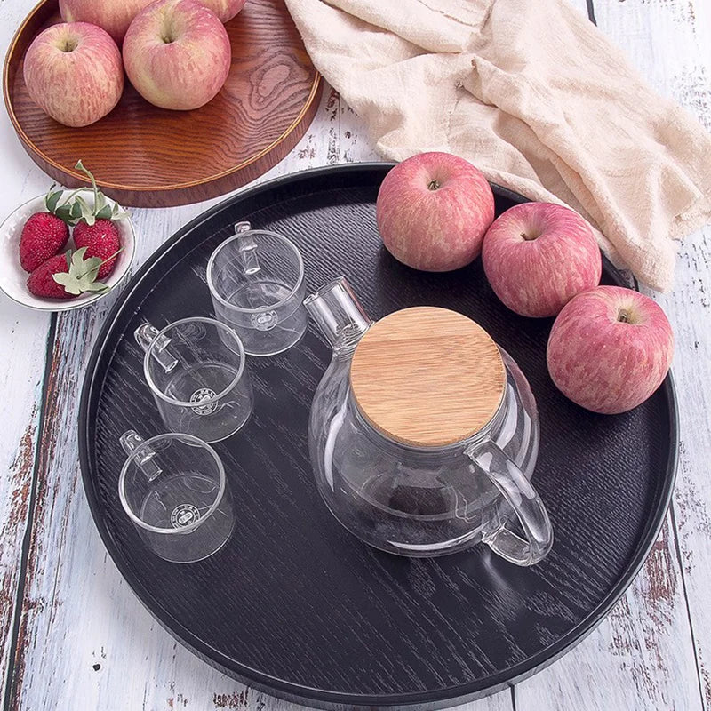 Axya Round Red Black Wooden Pallet Tea Tray Western Dishes Multifunctional Storage Plate