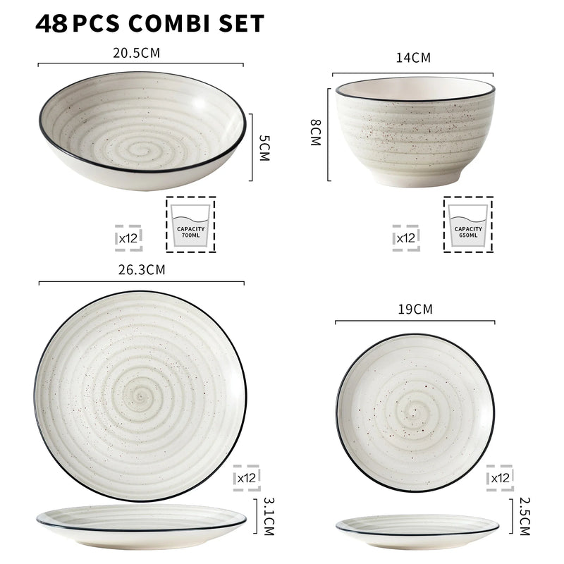 Axya™ 48-Piece Handpainted Stoneware Dinner Set with Spirals - Beige Color