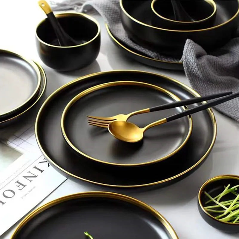 Axya Black Porcelain Dinner Plates Set with Cutlery for Food Dishes