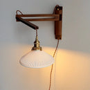 Axyaa Minimalist Walnut Wall Lamps with Retractable Arm & Pleat Lampshade