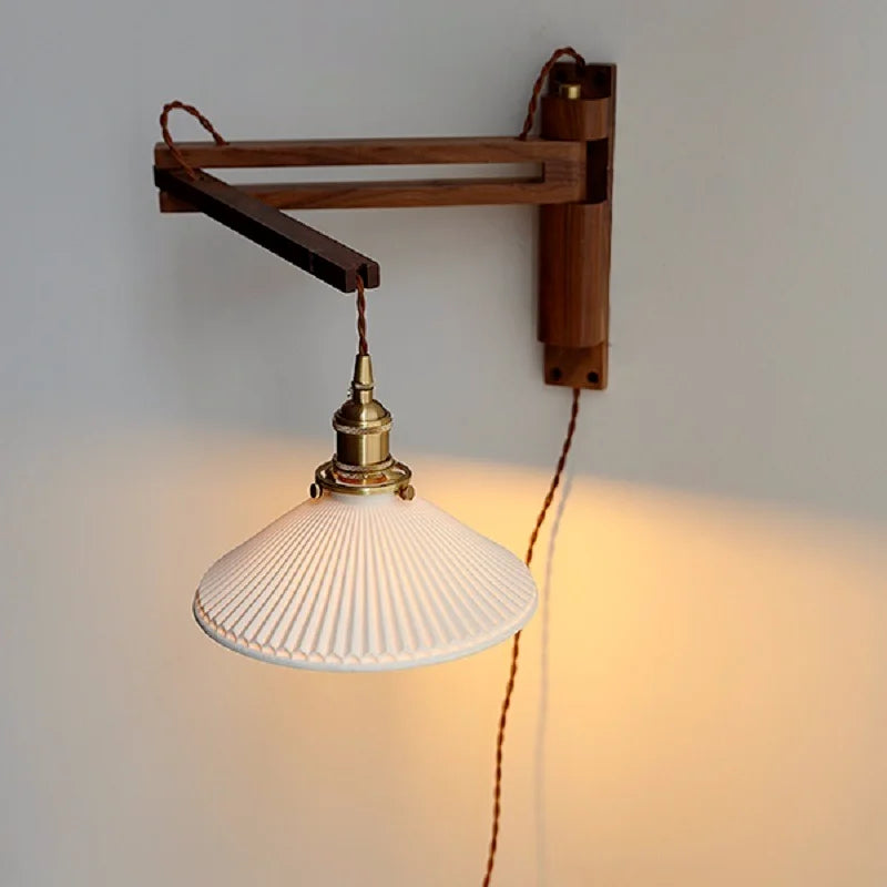Axyaa Minimalist Walnut Wall Lamps with Retractable Arm & Pleat Lampshade