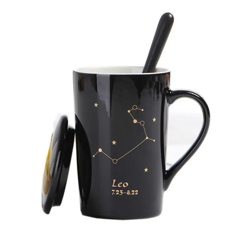 Axya 12 Constellations Ceramic Mug Spoon Lid Black Gold Porcelain Zodiac Coffee Cup