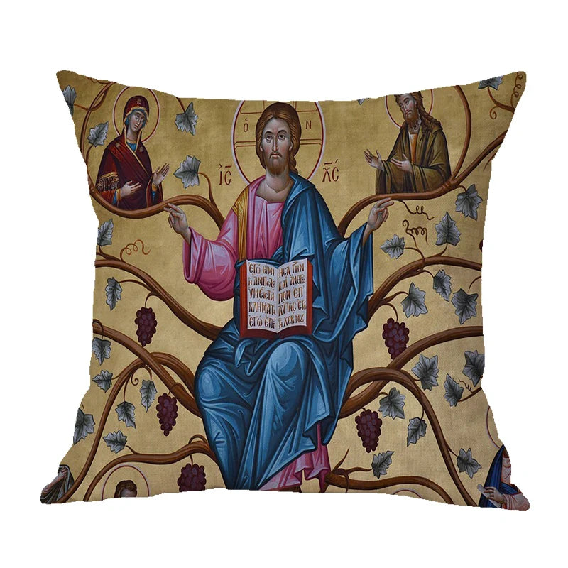 Cotton Linen Christ Pantocrator Icon Pillow Case by Axyaa