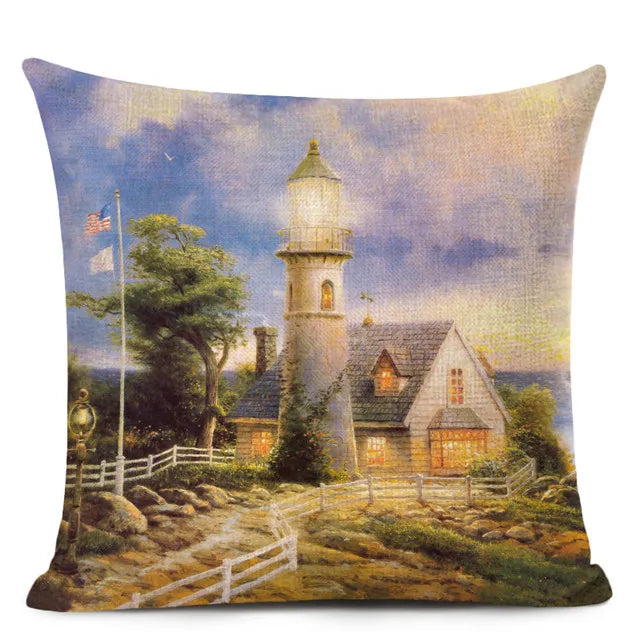 Axyaa City Landscape Oil Painting Cushion Cover | Autumn Winter Art Decor Pillow Case