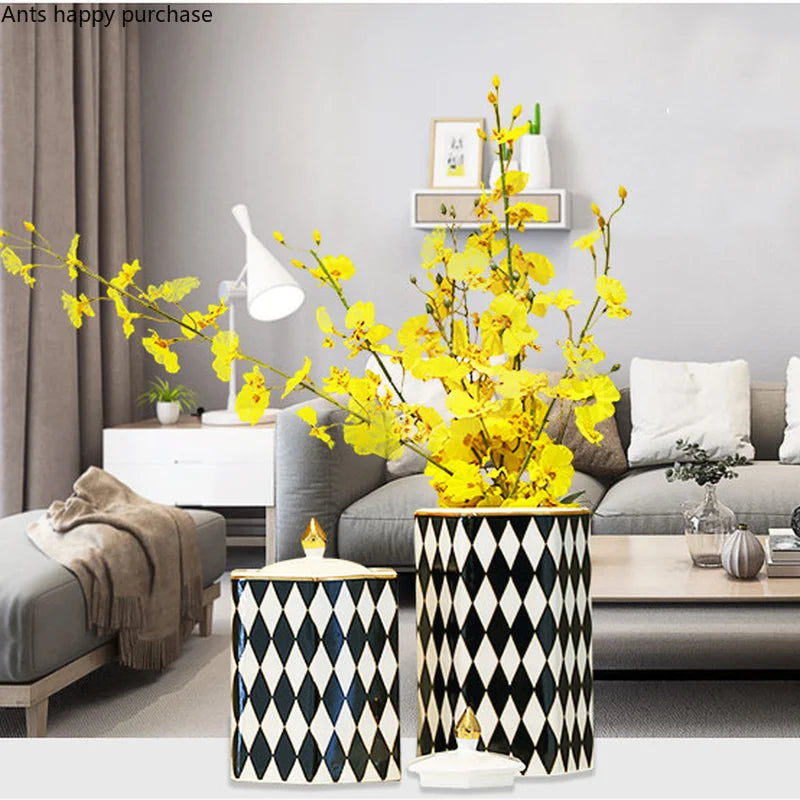 Axya Geometric Black & White Grid Ceramic Storage Jar with Cover