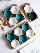 Axya Hexagon Ceramic Plate Set with Wooden Pallets for Snacks and Fruit Storage