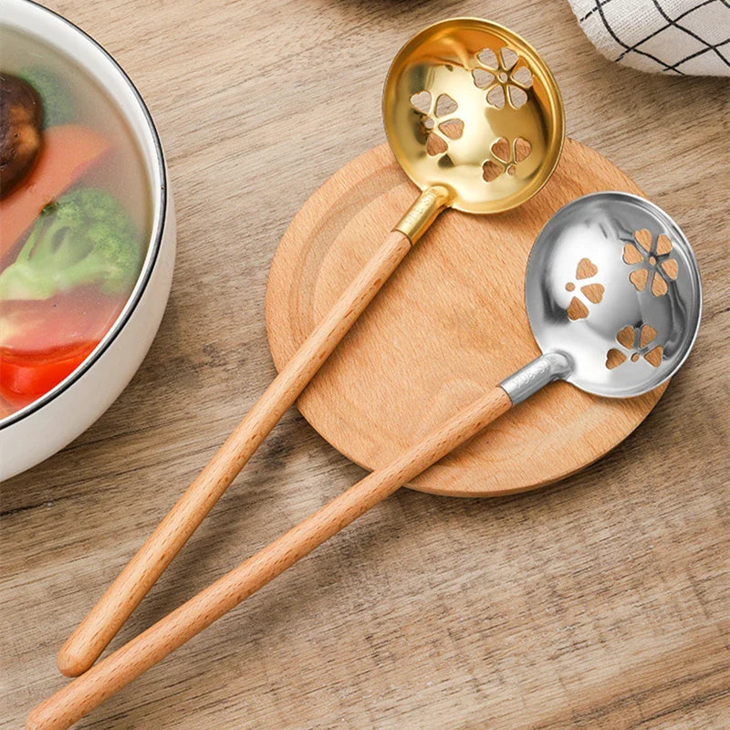 Axyaa Wooden Spoon with Stainless Steel Long Handle for Kitchen Dining Tableware