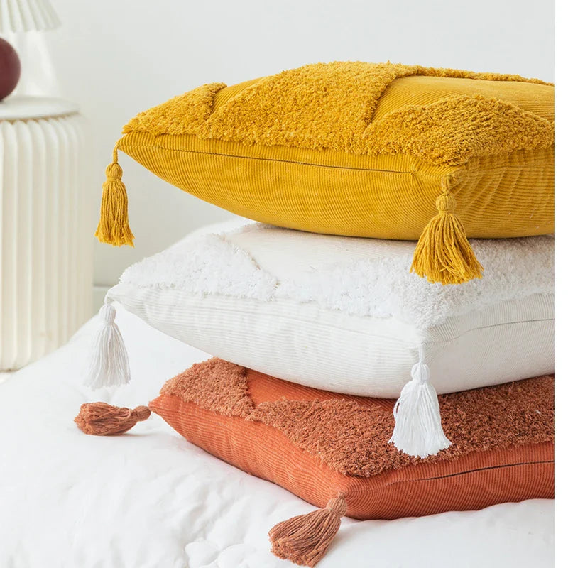 Axyaa Tufted Diamond Tassel Cushion Cover 45x45cm White Yellow Green Ambor