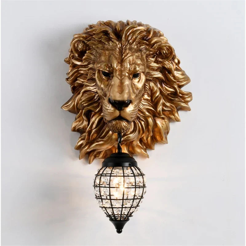 Axyaa Nordic Black Gold Lion Wall Sconce Head Resin Art Luxury Decor Lighting