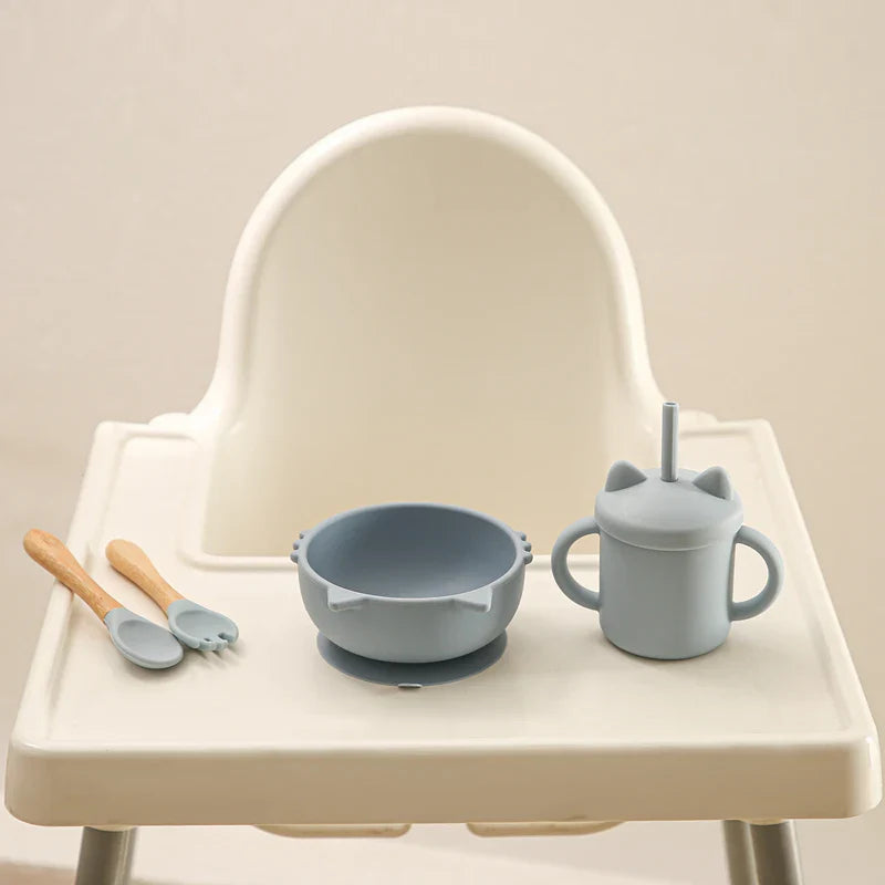 Axya Silicone Baby Tableware Set - Cartoon Cat Design, Anti-Slip, BPA Free