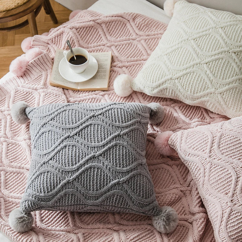 Axyaa Chenille Knit Cushion Cover 45x45cm With PomPom Ball - Pink/Grey/Cream - Home Decor Pillow Case