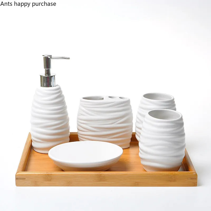 Axya White Ceramic Bathroom Set with Bamboo Tray, 5-piece Accessories