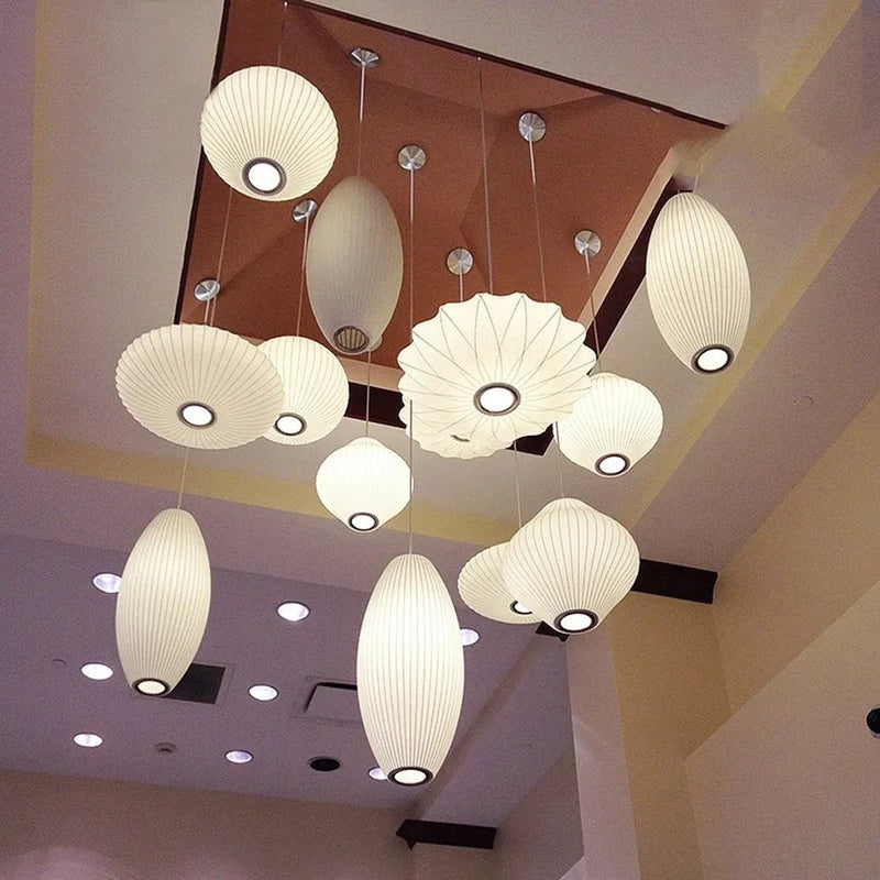 Axyaa White Silk Cloth Pendant Light Loft Lantern Nelson Lamp
