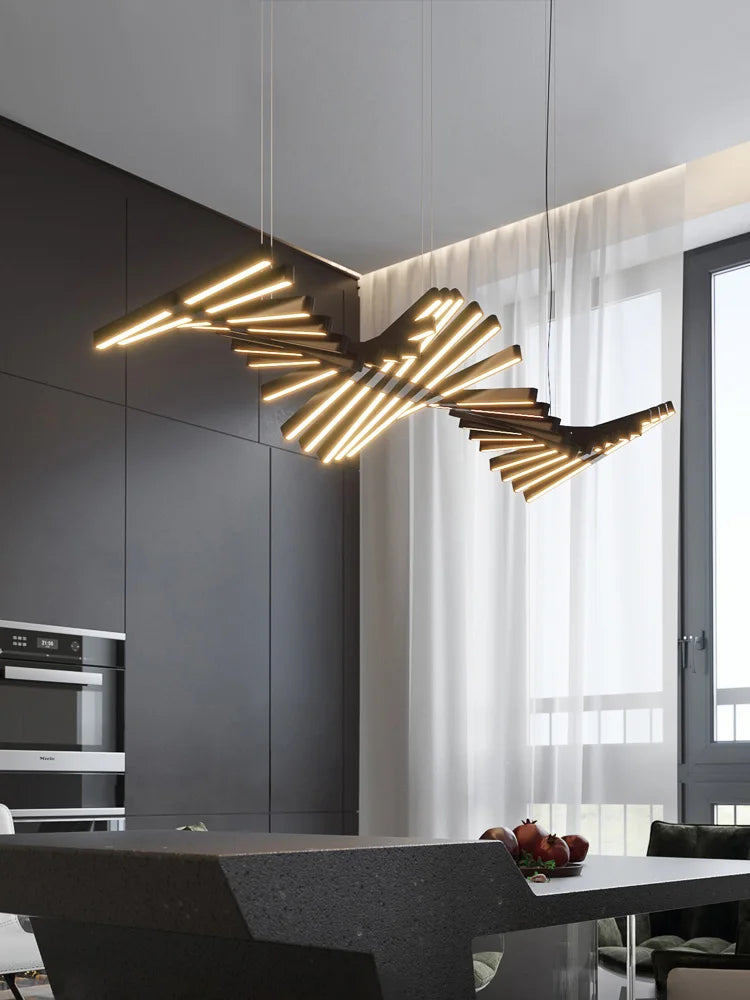 Nordic minimalist linear fishbone chandelier for dining room and office by Axyaa.