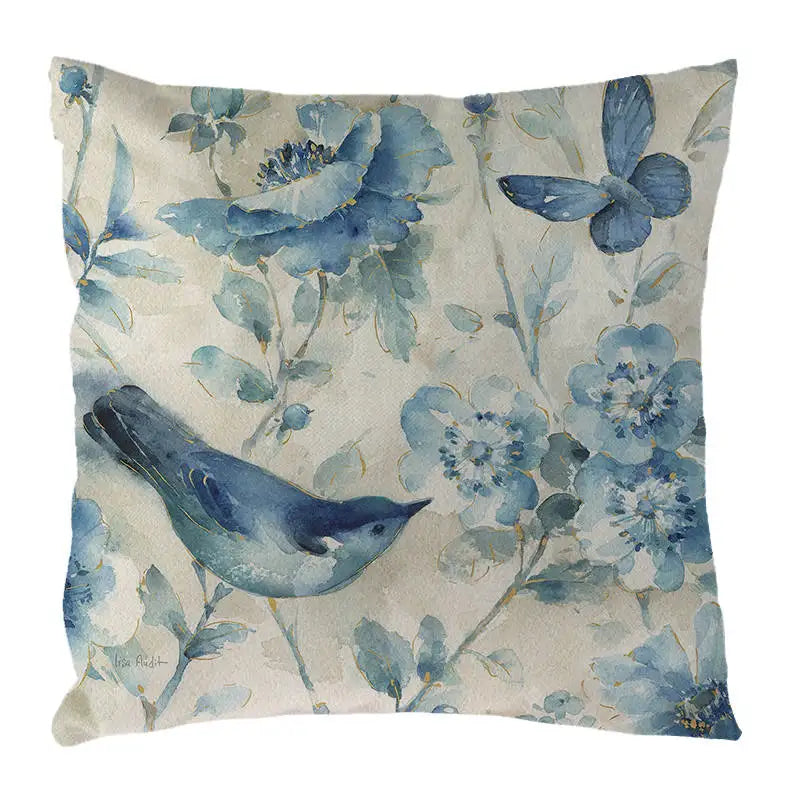Blue Flowers & Birds Pattern Cushion Cover, Axyaa Home Decor Pillow Case