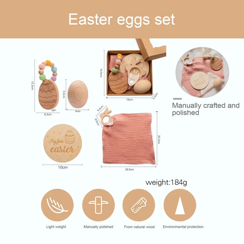 Axya Montessori Wooden Rattle & Bibs Set: Easter DIY Baby Toy & Milestone Education Gift