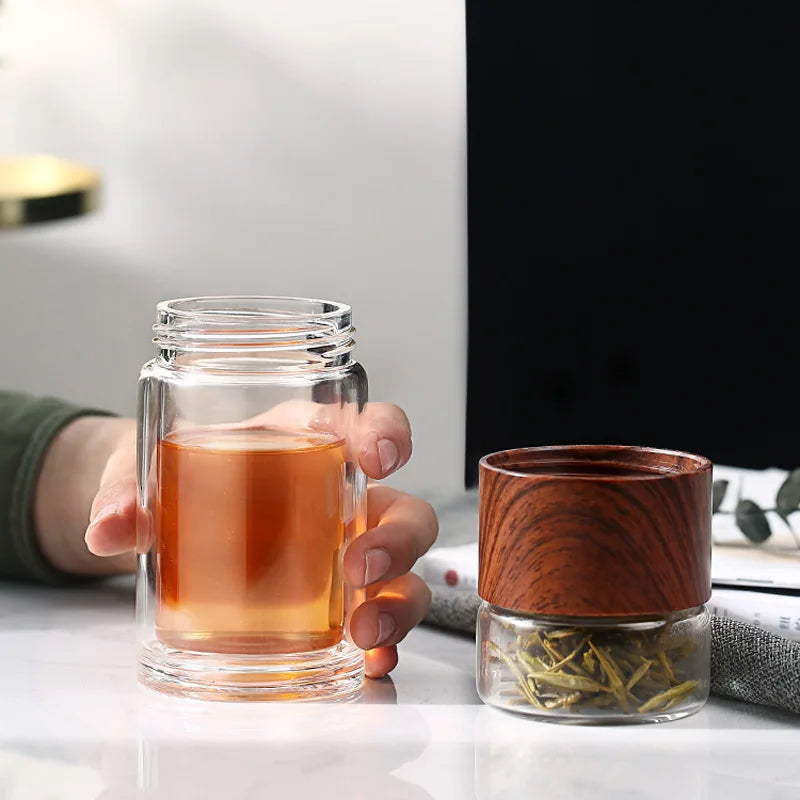 Axya Double Glass Cup Filter Tumbler Tea Drinkware Transparent Wood Grain Bottle