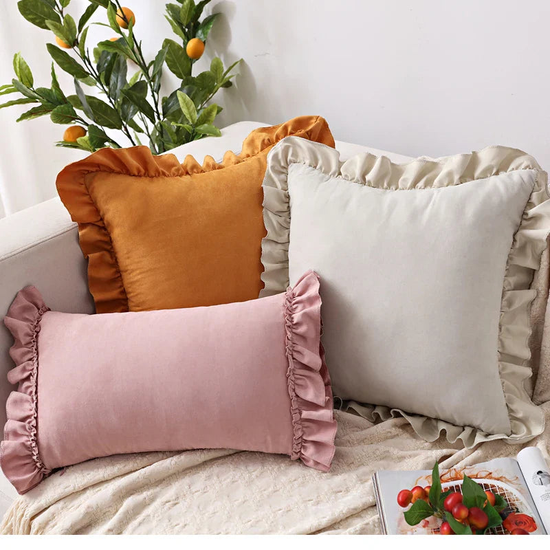 Axyaa Soft Faux Suede Ruffle Cushion Cover for Home Decor