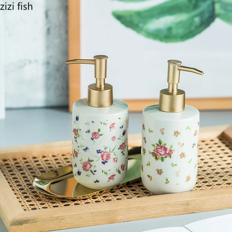 Axya Retro Rose Ceramic Soap Dispenser - Bathroom Shampoo Bottle