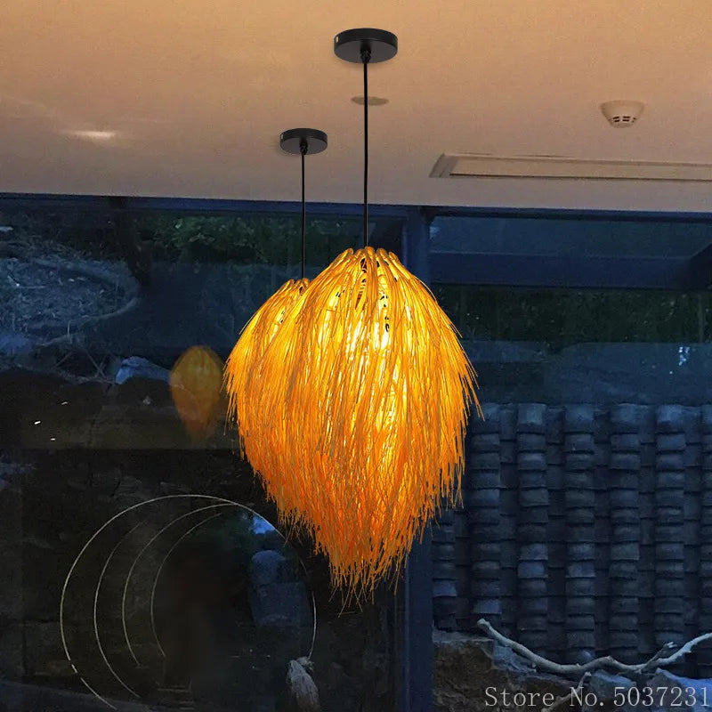 Axyaa Bamboo Weave Pendant Lamp: Creative Rattan Hanging Light for Bedroom and Teahouse