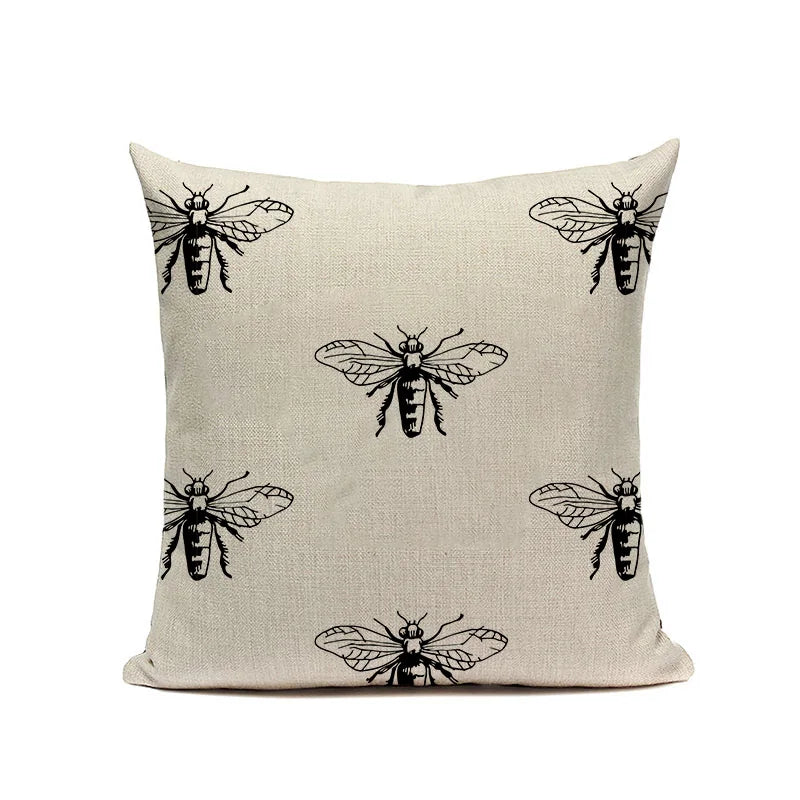 Axyaa Bee Pattern Linen Cushion Cover - Nordic Decorative Throw Pillow Case