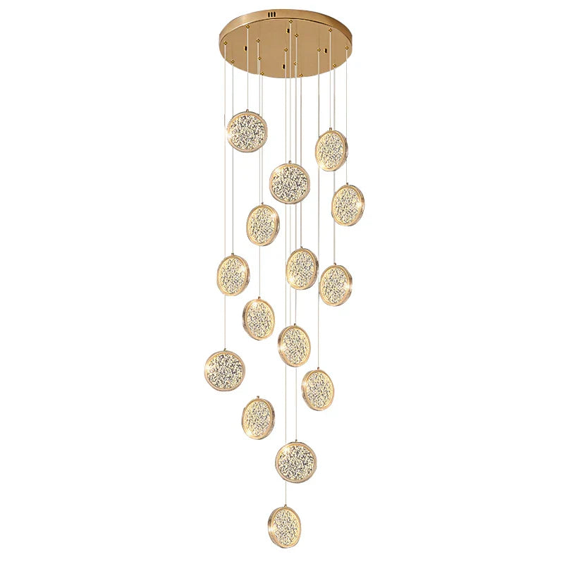 Axyaa Round Acrylic Gold Led Chandelier for Duplex Attic Living and Dining Rooms