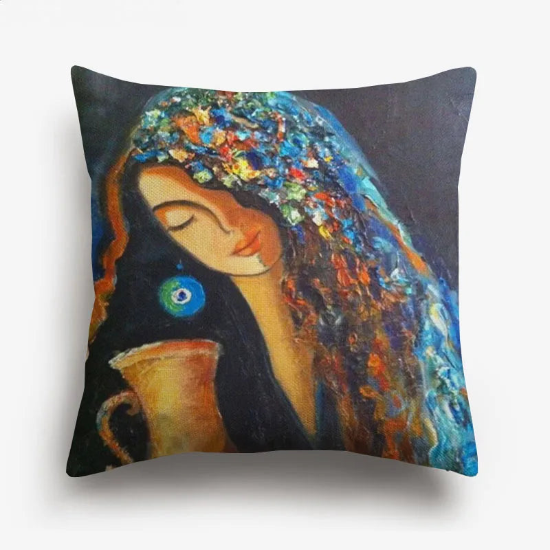 Axyaa Watercolor Turkish Evil Eye Cushion Cover Arabian Girl Portrait Pillow Case
