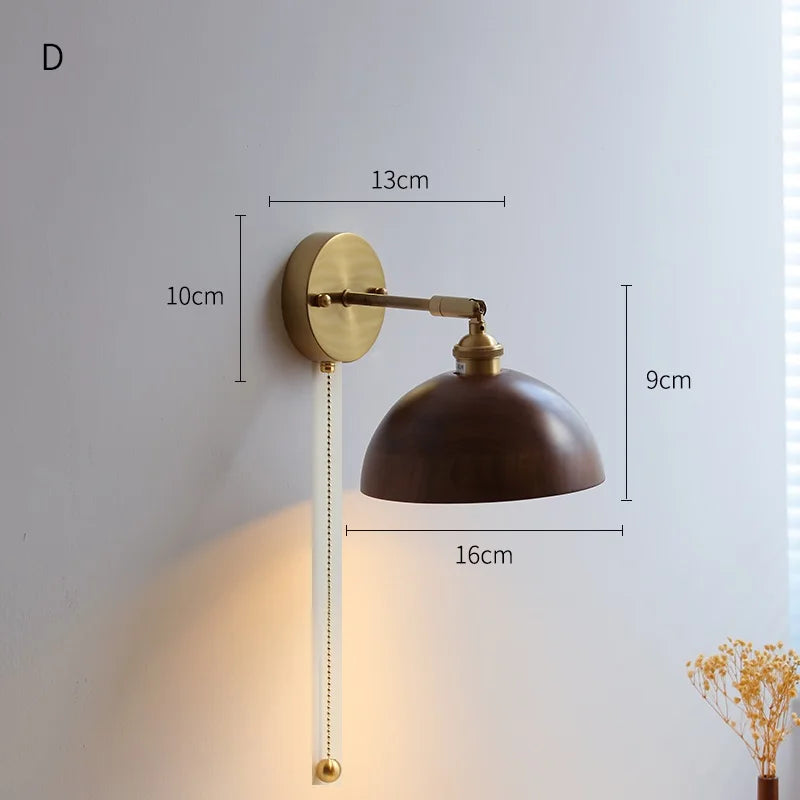 Axyaa Nordic LED Wall Lights with Pull Chain Switch, Walnut Finish