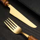 Axyaa Golden Spoon Fork Knife Set | Stainless Steel Wood Handle Tableware