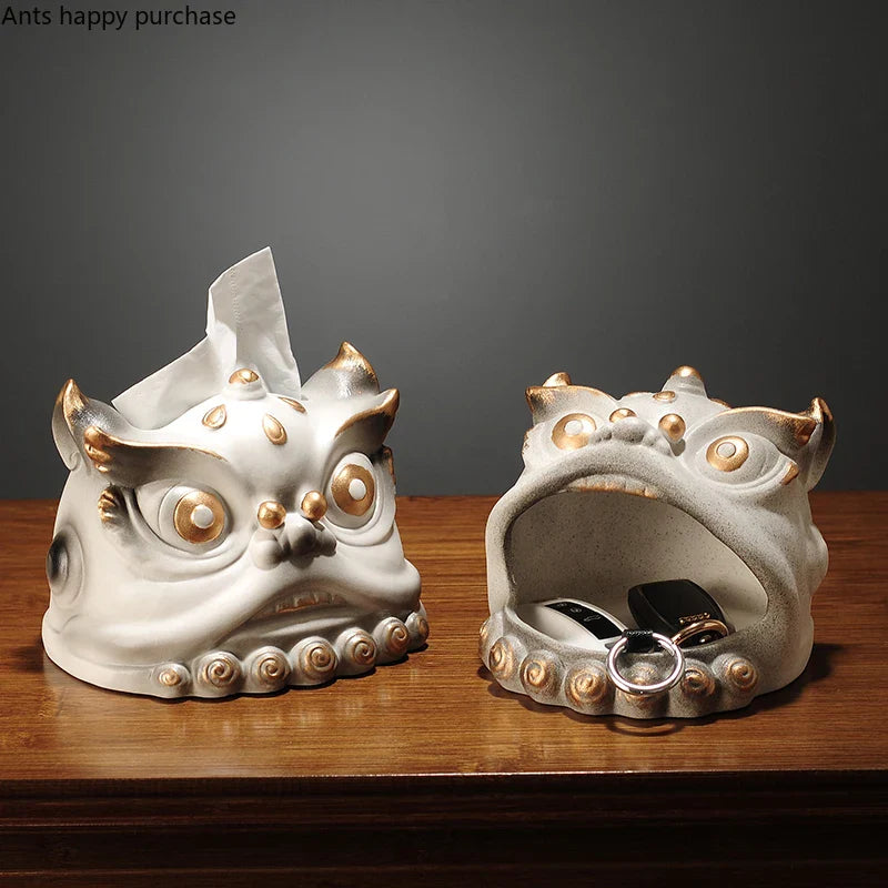 Axya Lion Dance Ceramic Tissue Box & Desktop Organizer Holder Snack Key Dish